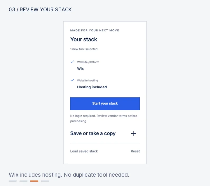 Stack builder: choose your direction, select a tool, review your stack, then open the setup steps.