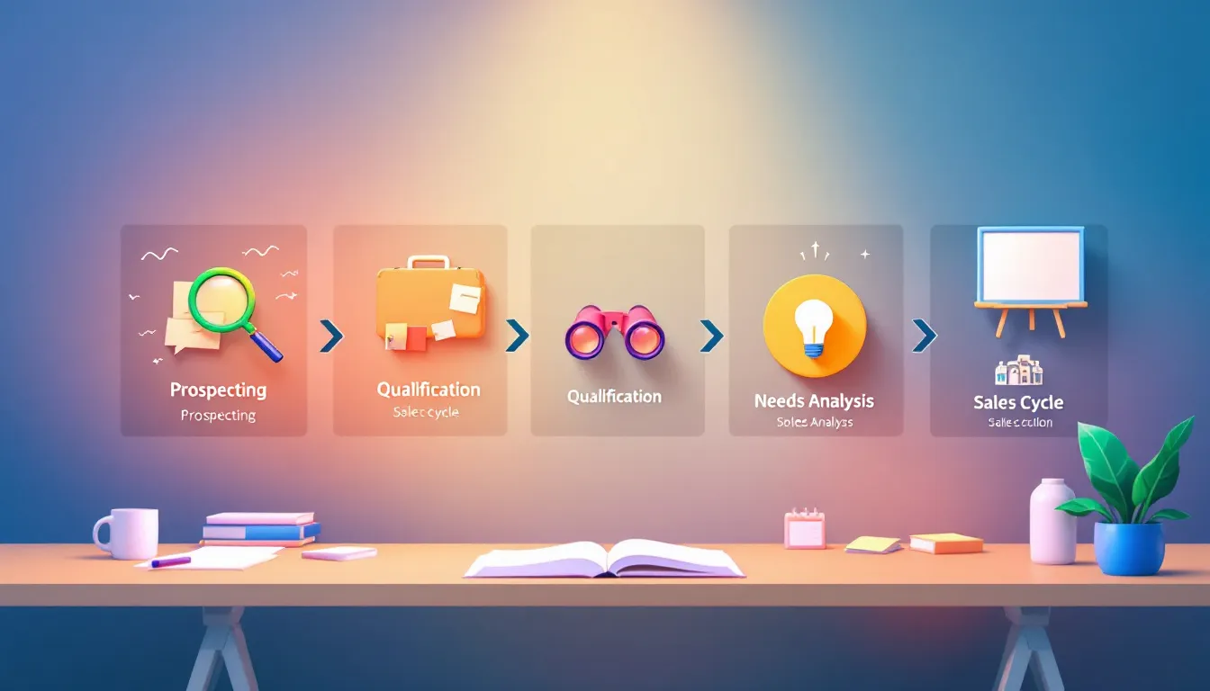 Various sales cycle management tools displayed on a desk.