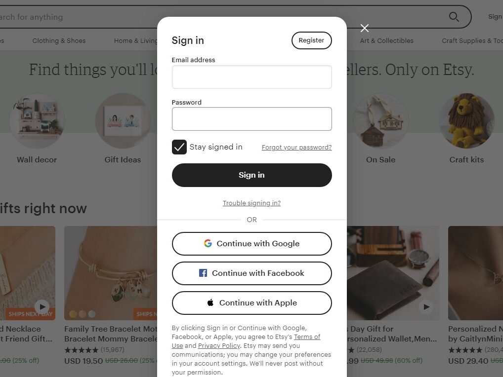 Registering on Etsy_Step one_Click Sign In