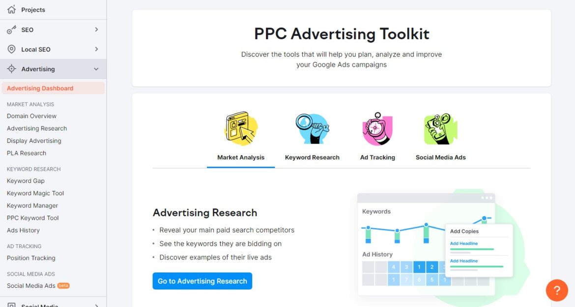 SEMRush Advertising tool kit