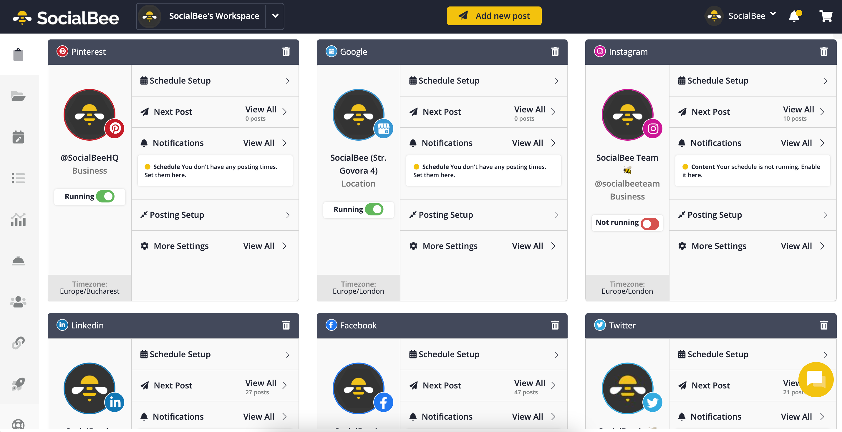 SocialBee Dashboard Connected Social Media Profiles