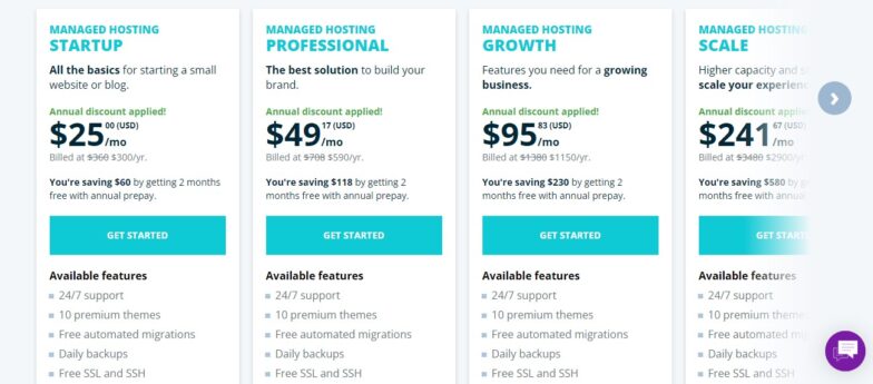 WP Engine managed WordPress pricing