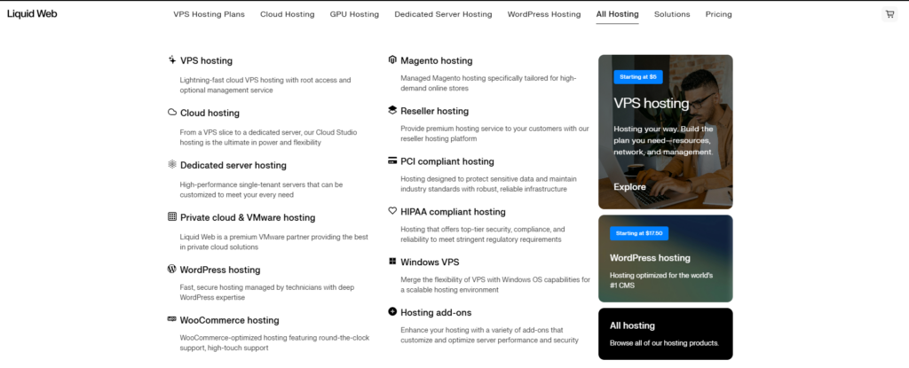 Liquid Web Different types of Hosting offered